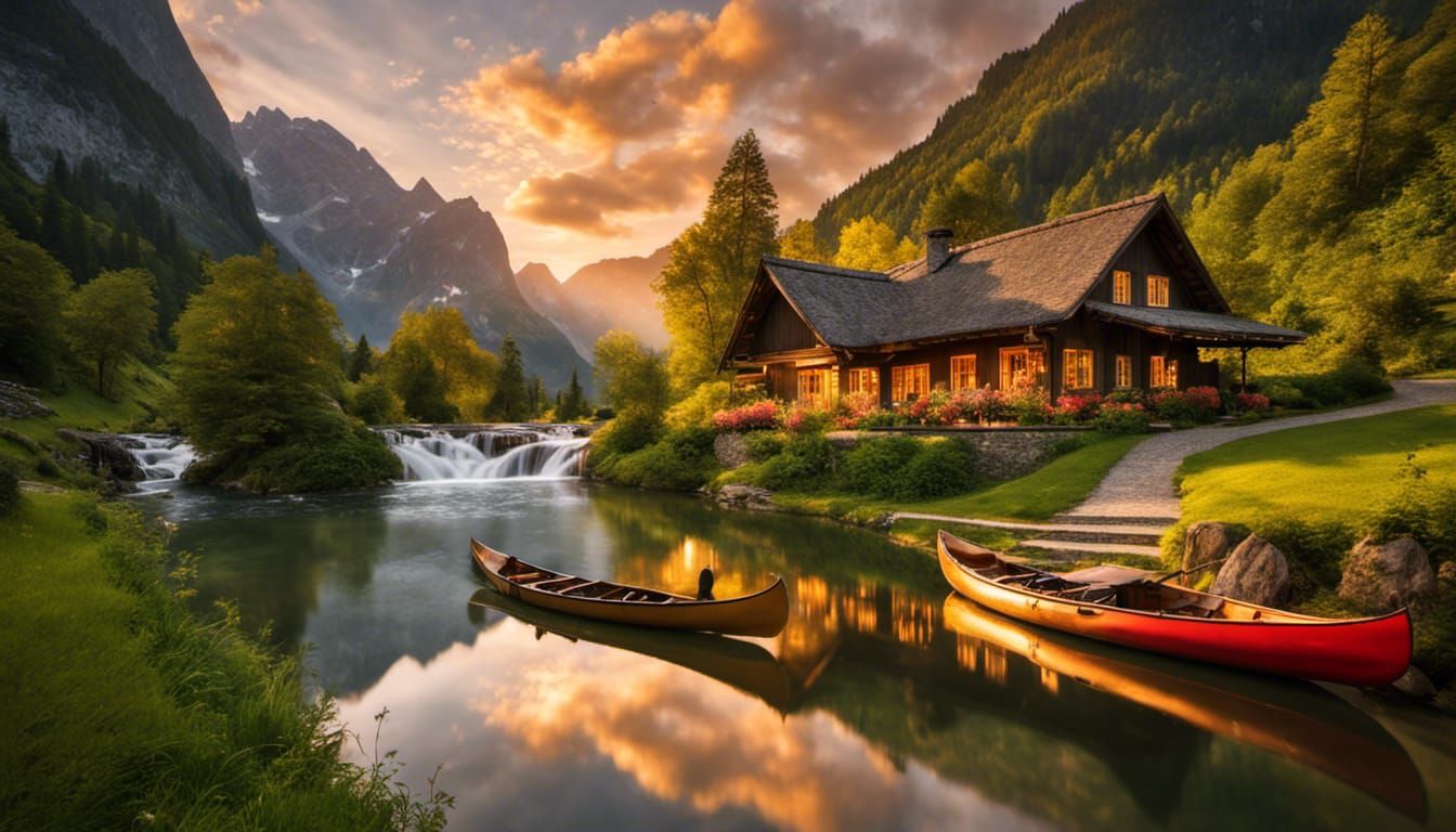 Golden Hour Alps Sunset with Cottage and Waterfalls
