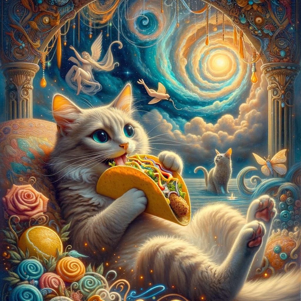 Cat's Taco Dream: A Whimsical Art Nouveau Scene