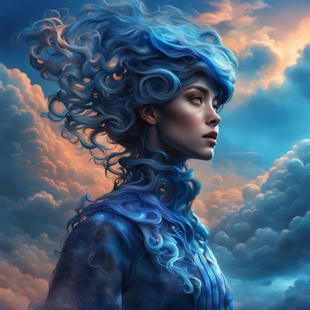 Ethereal Blue Figure Amidst Clouds