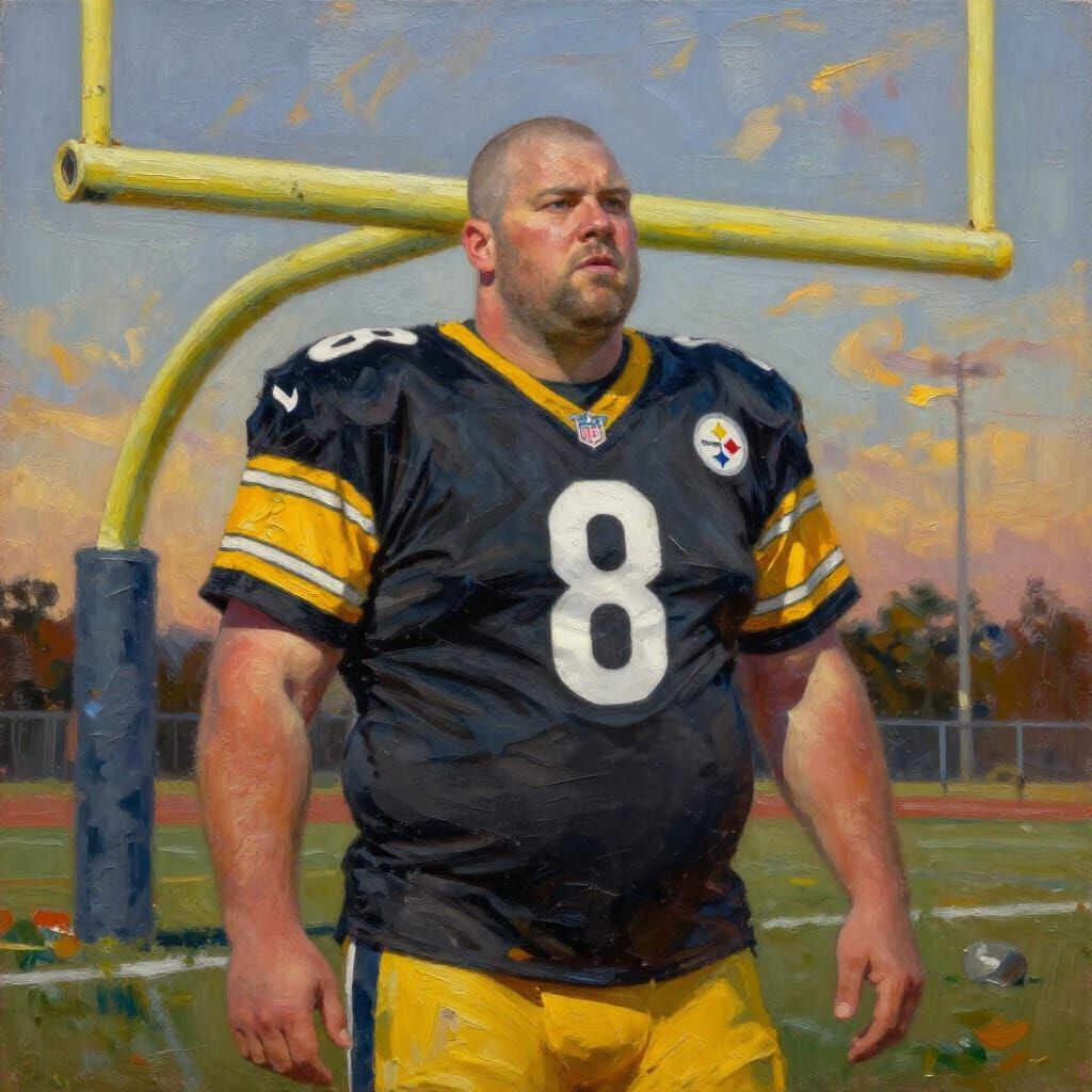 Man in Steelers Jersey Under Goalposts, Impasto Style