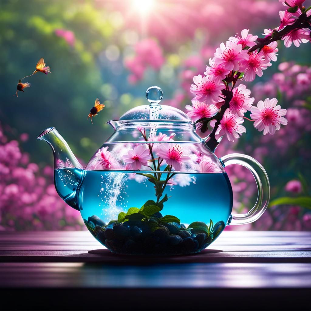 Waterfall in Teapot with Blossoms: Splash Art