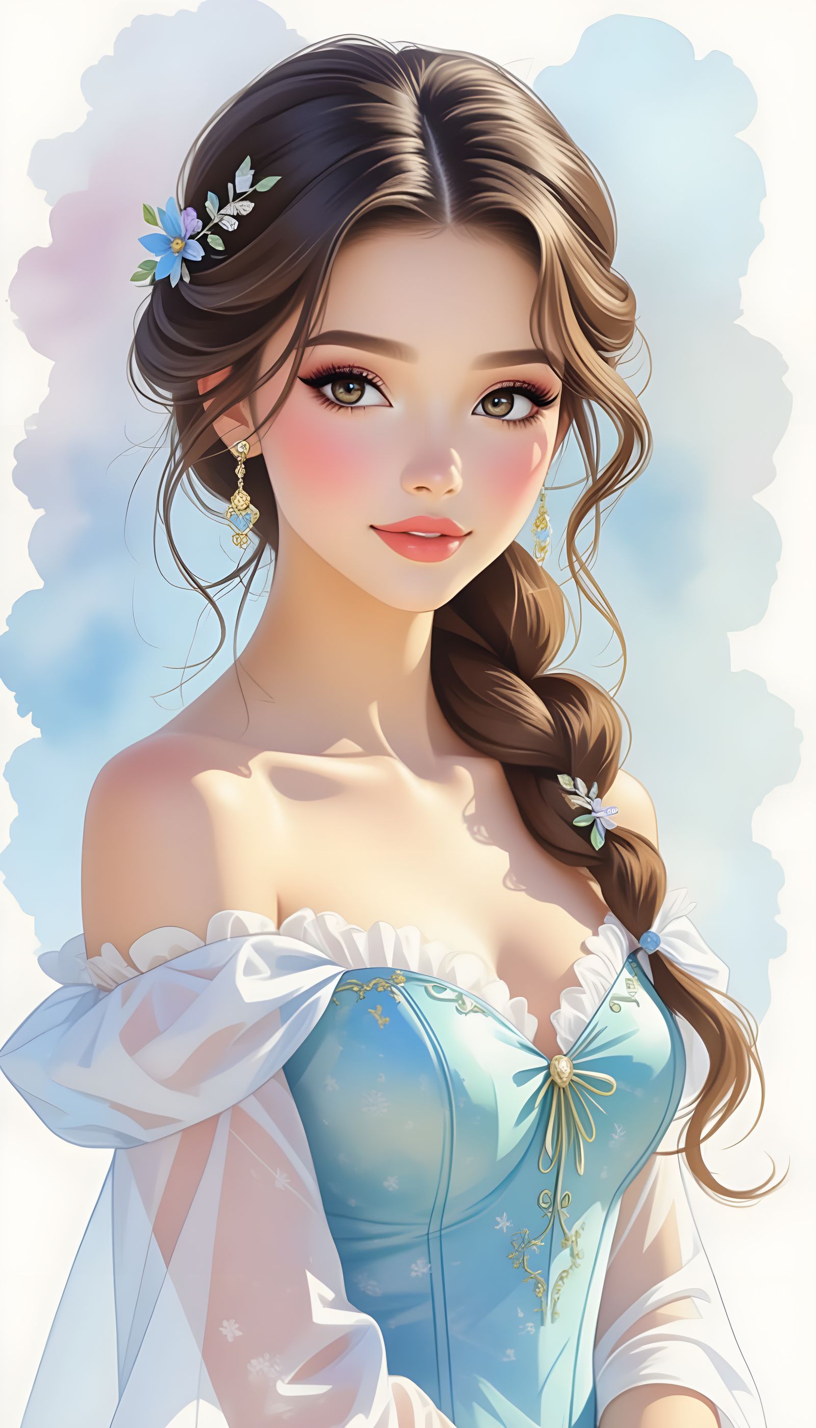 Watercolor Portrait of a Beautiful Girl, Disney Princess Sty...