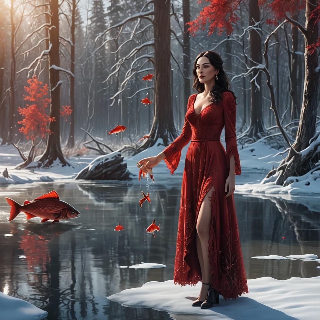 Cartoon Monica Bellucci on Frozen Lake: Detailed Matte Paint...
