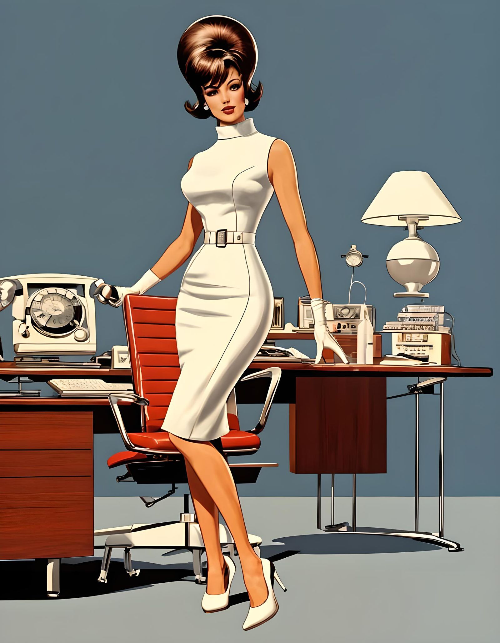 Jet Set Mod Woman in Retro-Futuristic Office