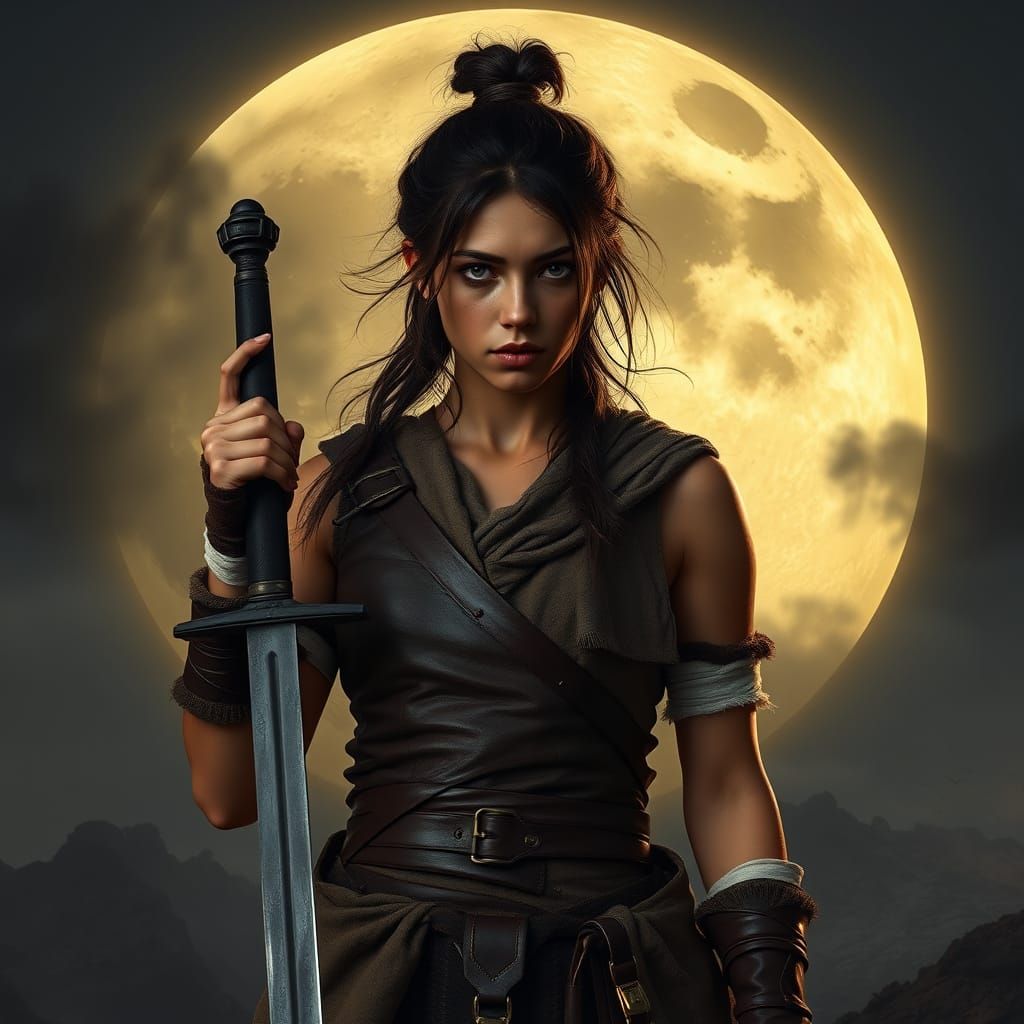 Moonlit Warrior Maiden with Determined Expression