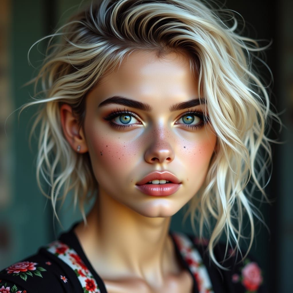 Rebellious Beauty: Portrait of a Young Woman with Rose Tatto...