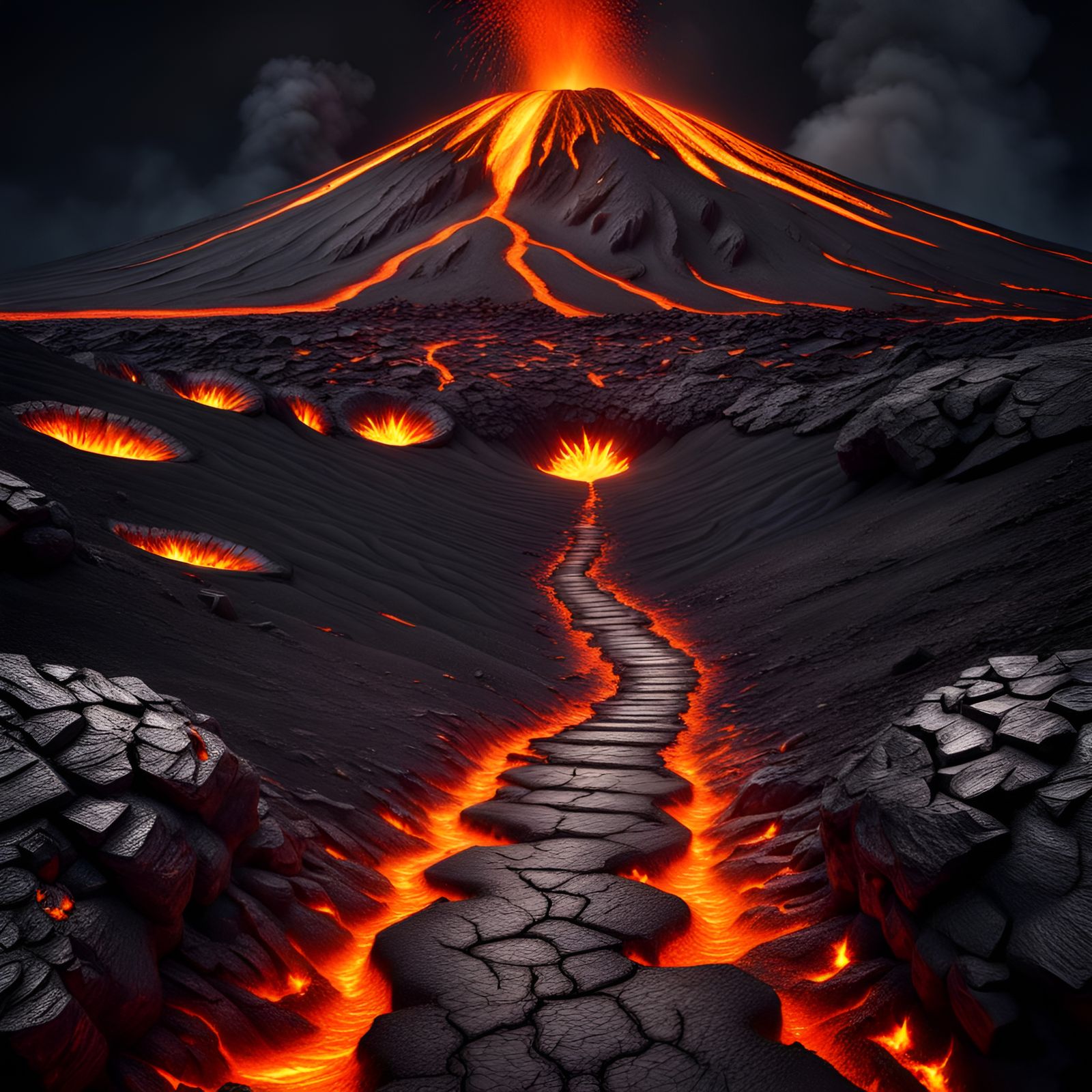 Path leading to a volcanic crater. Hot Lava spewing from the...