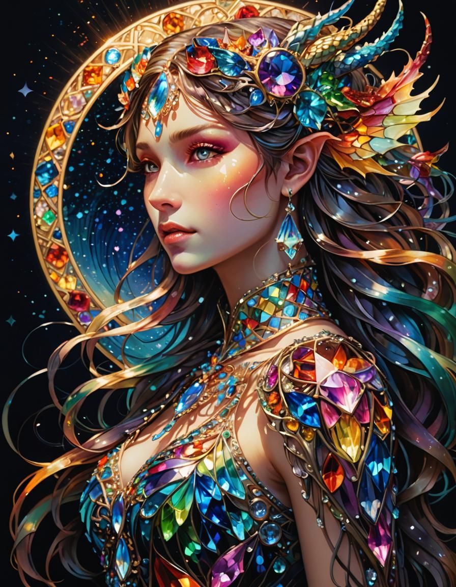 Luminescent Rainbow Crystal Dragon Girl in Art Nouveau Style
