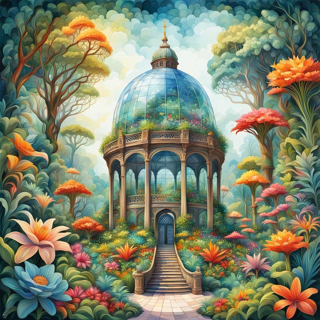 Elaborate Glass Domed Arboretum in Gouache Style