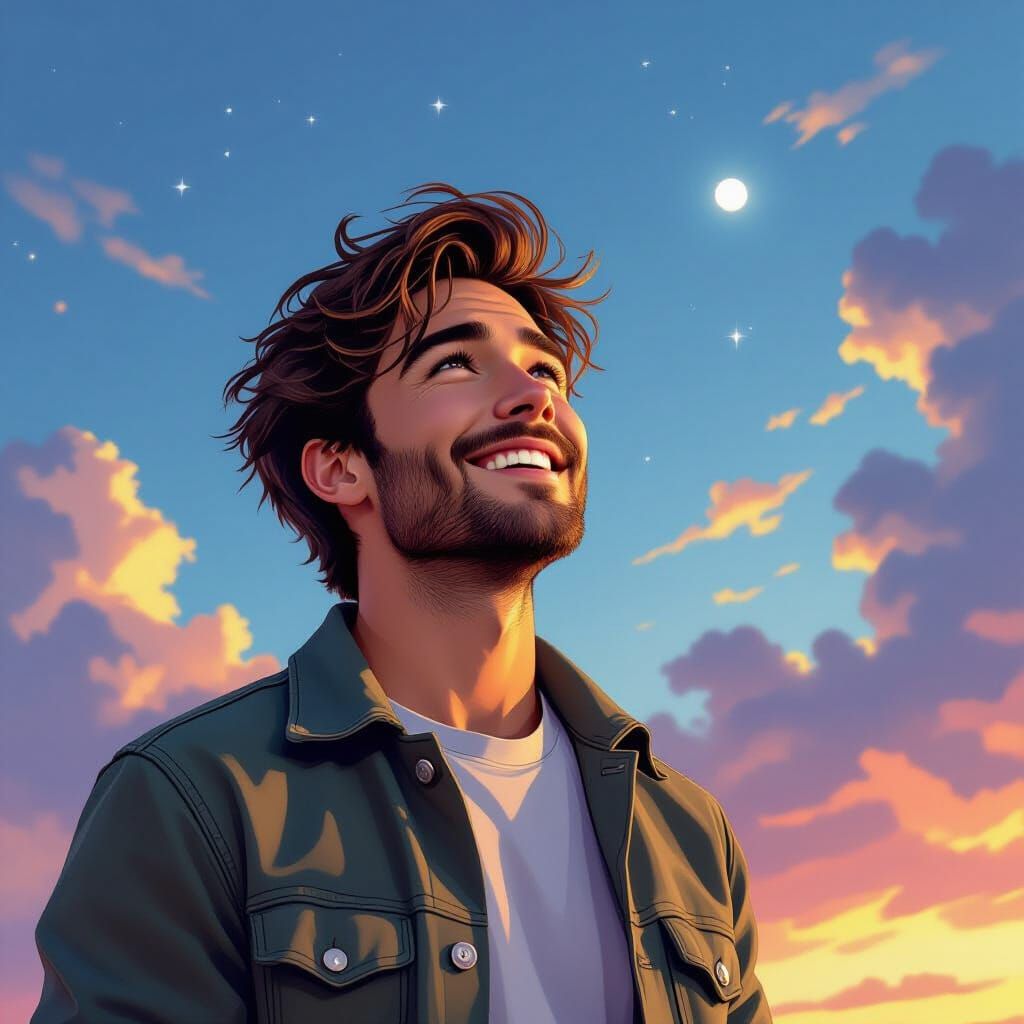 Man Gazing Skyward in Whimsical Digital Art