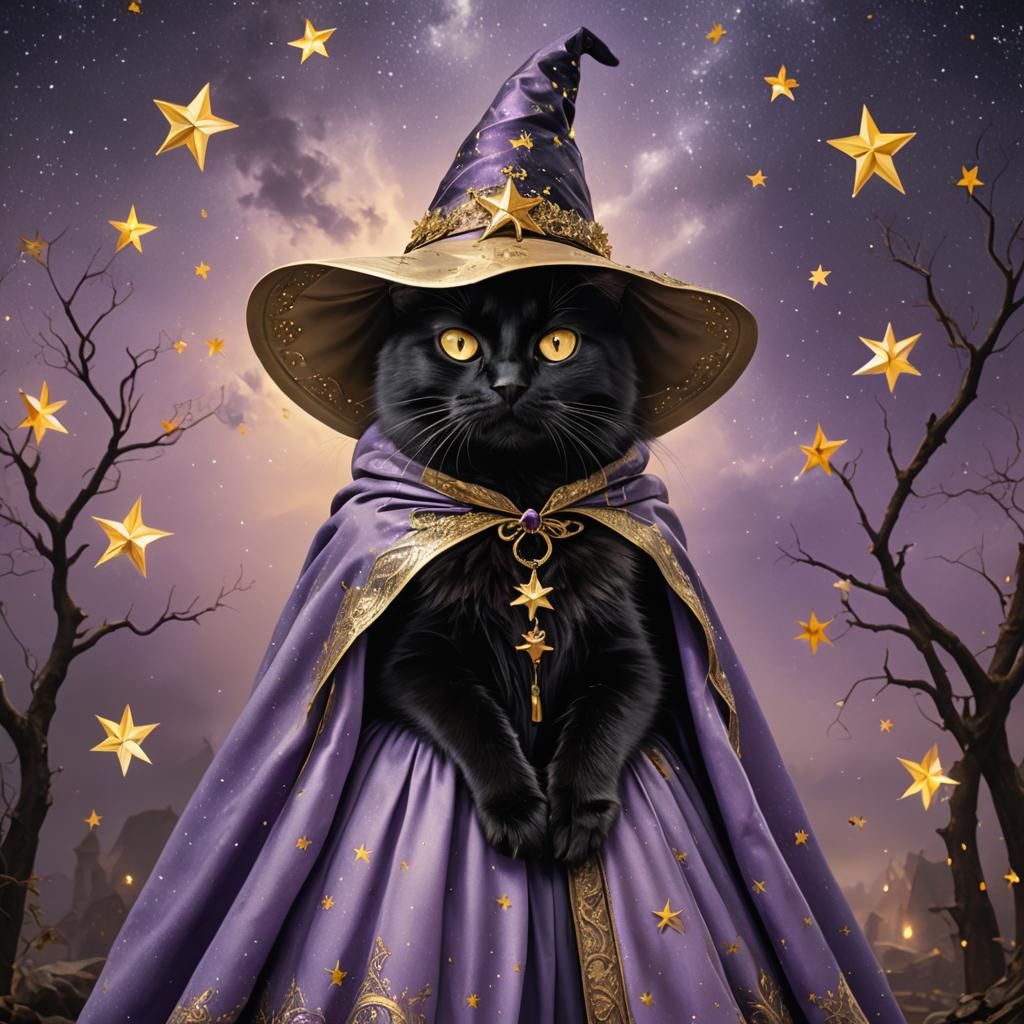 Young Black Cat in Witch Costume Digital Painting