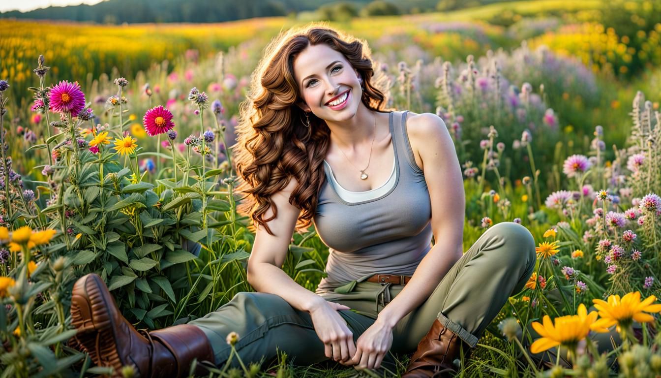 Woman in Meadow with Volumetric Lighting
