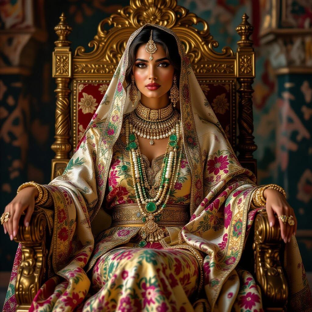 Arab Queen on Golden Throne in Photorealistic Style