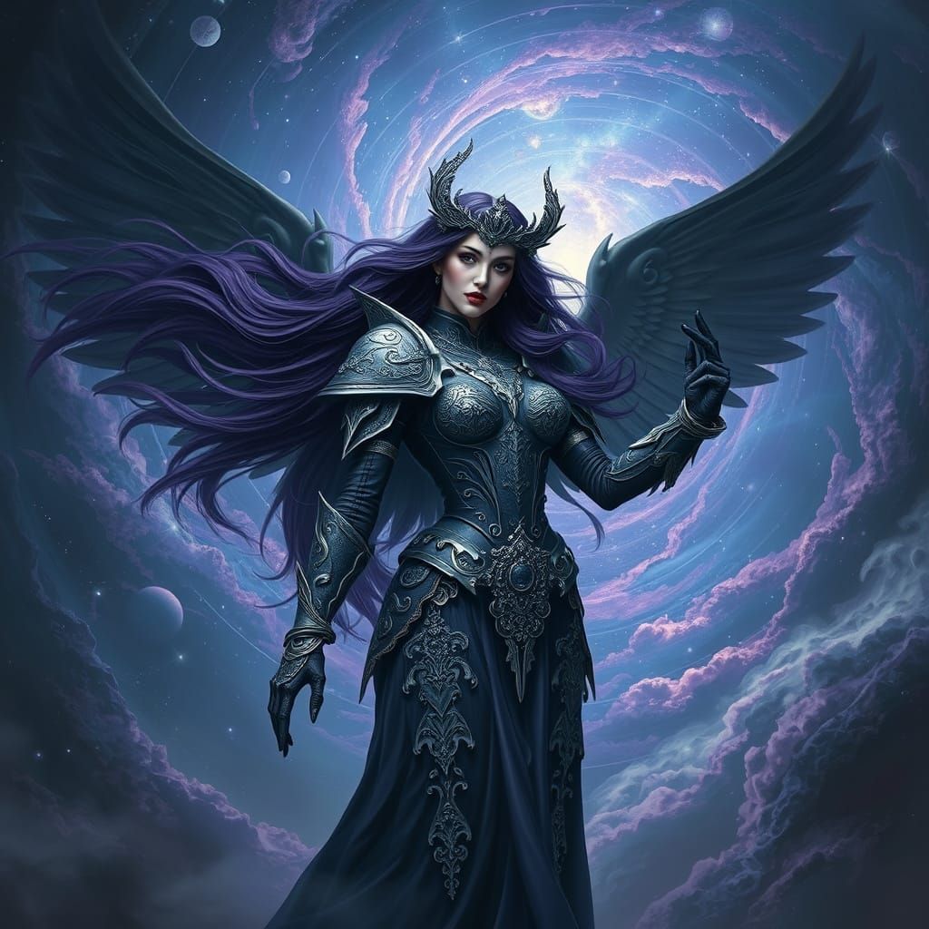 Gothic Space Queen Defies Gravity with Dark Angel Wings