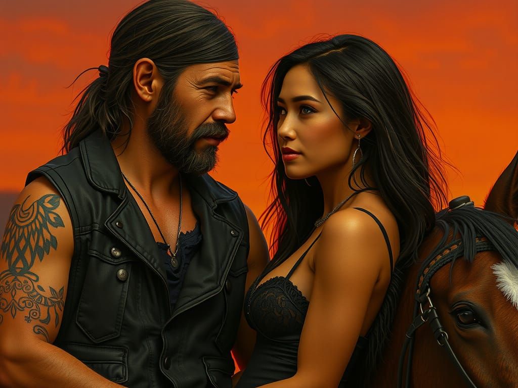 Twilight Encounter: Biker and Native Woman in Firelight