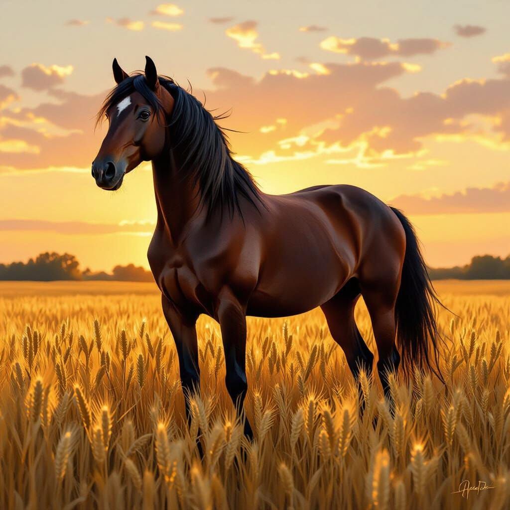 Majestic Horse in Golden Wheat Field at Sunset
