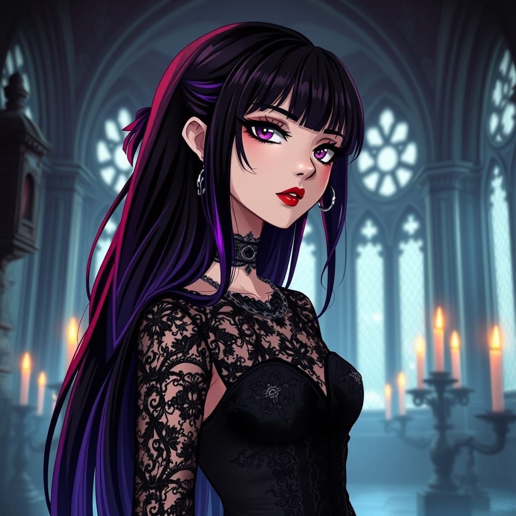 Gothic Anime Girl in Castle, Dark Romanticism Style