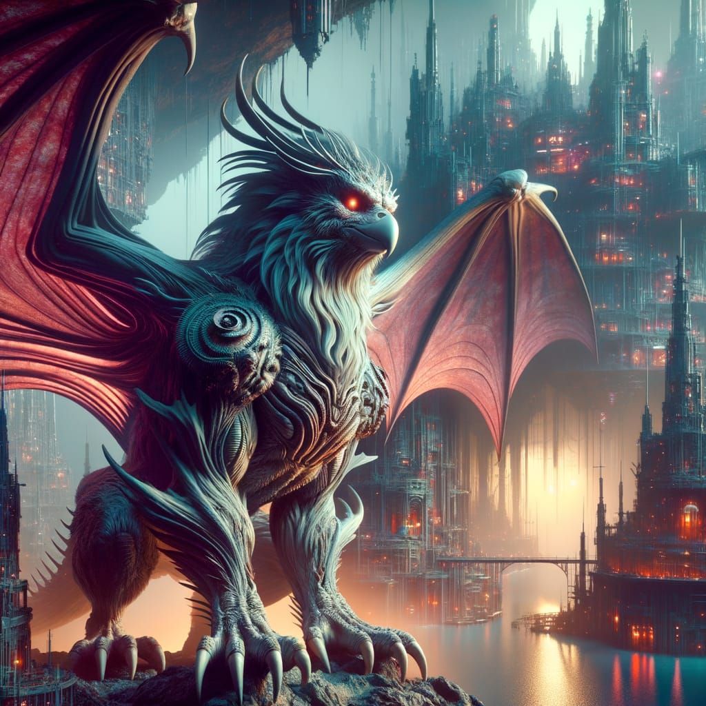 Eerie Hybrid Creature in Gothic Alien Metropolis