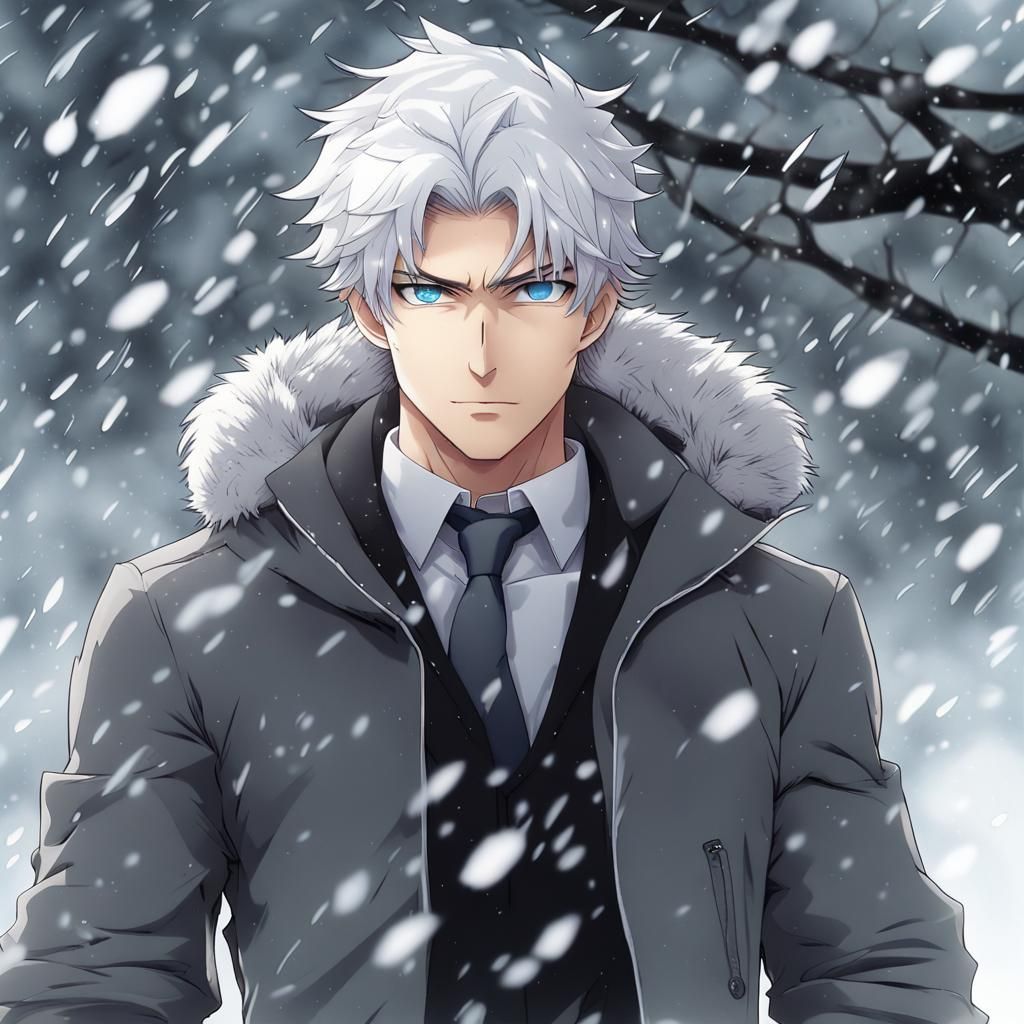 Anime Style Man in Snowstorm with Black Suit