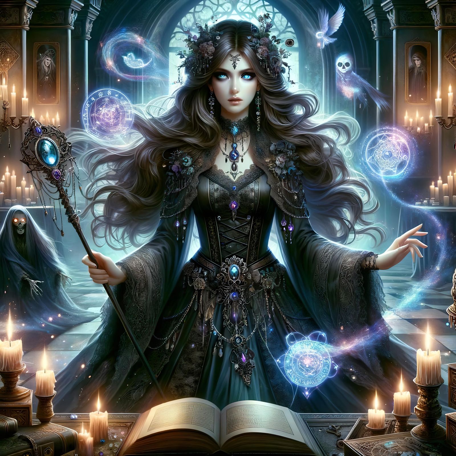 Goddess of Death, Magic, and Vanity in Opulent Hall
