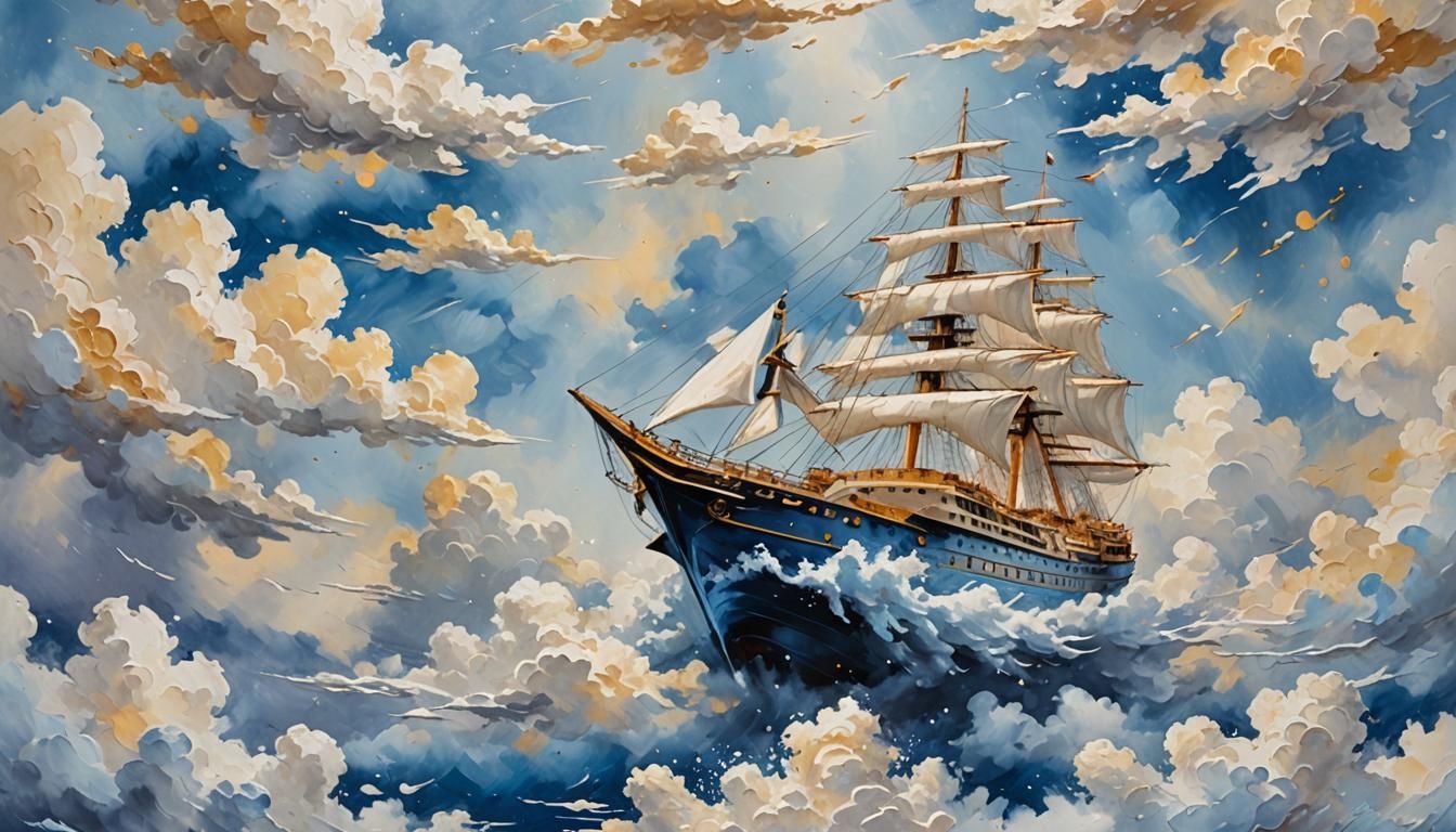 Impressionist Flying Ship Sailing Through Clouds