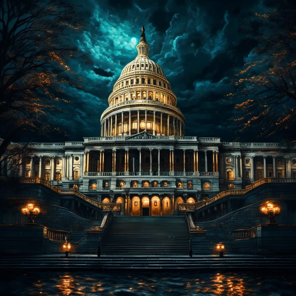Dramatic Night View of US Capitol Building