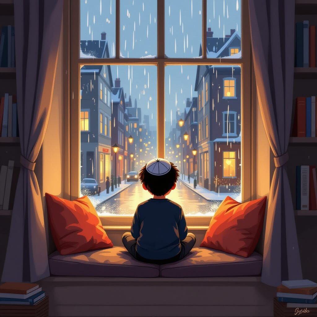 Boy in Cozy Window Seat Overlooking Rainy Street
