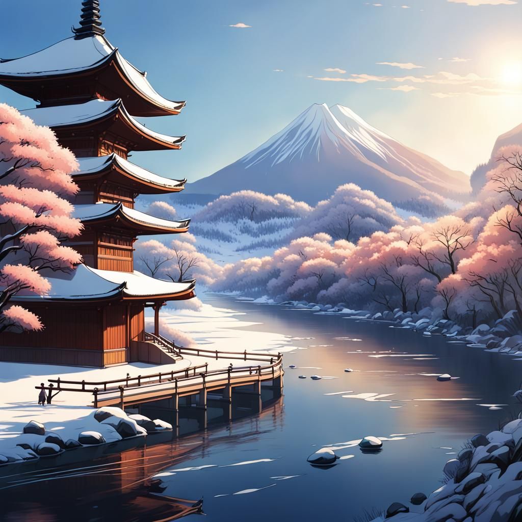 Japanese Winter Riverscape in Anime Style
