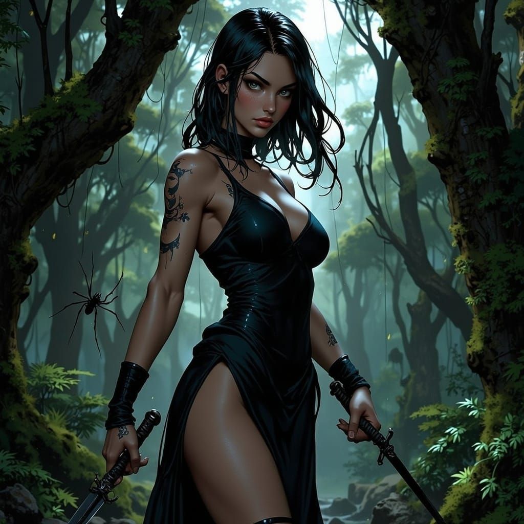 Eerie Spider Queen in Jungle Cave with Dagger