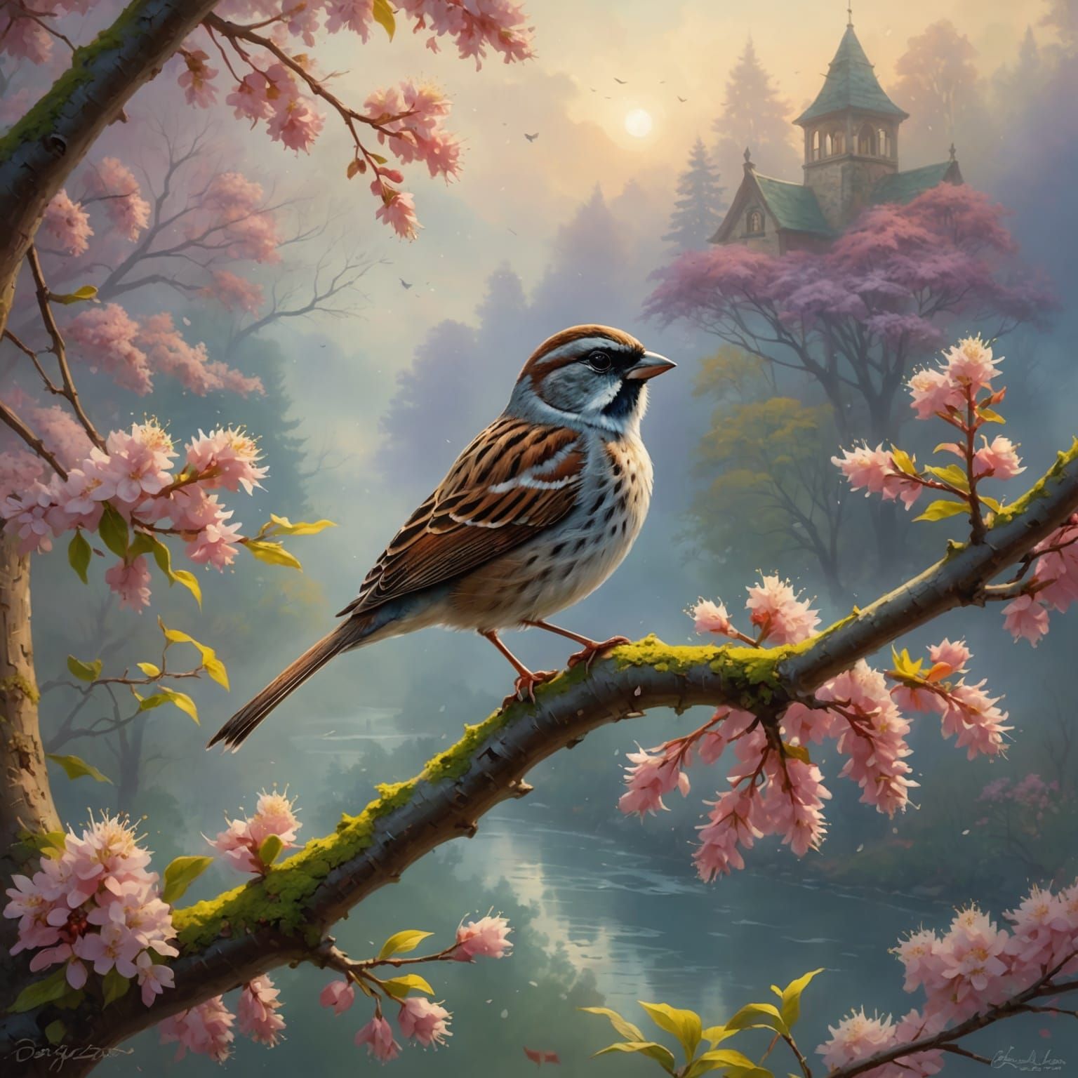 Sparrow on Flowering Ash Tree in Ethereal Style