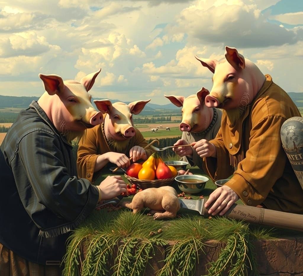 Surreal Pig-Headed Feast in Land of Milk and Honey