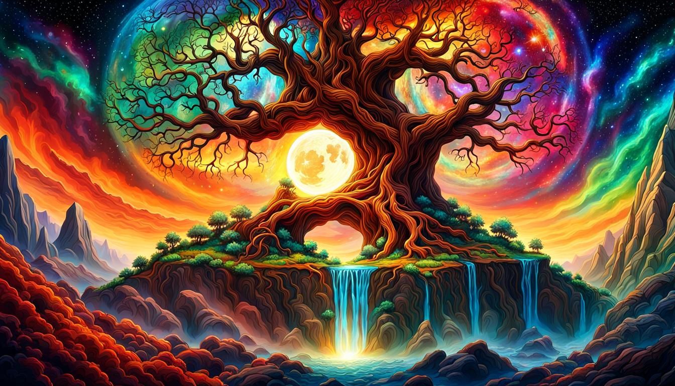 Anthropomorphic Yggdrasil in Cosmic Hourglass