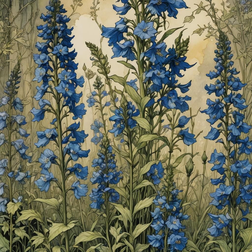 Delphinium and Monkshood in Whimsical Fantasy Art