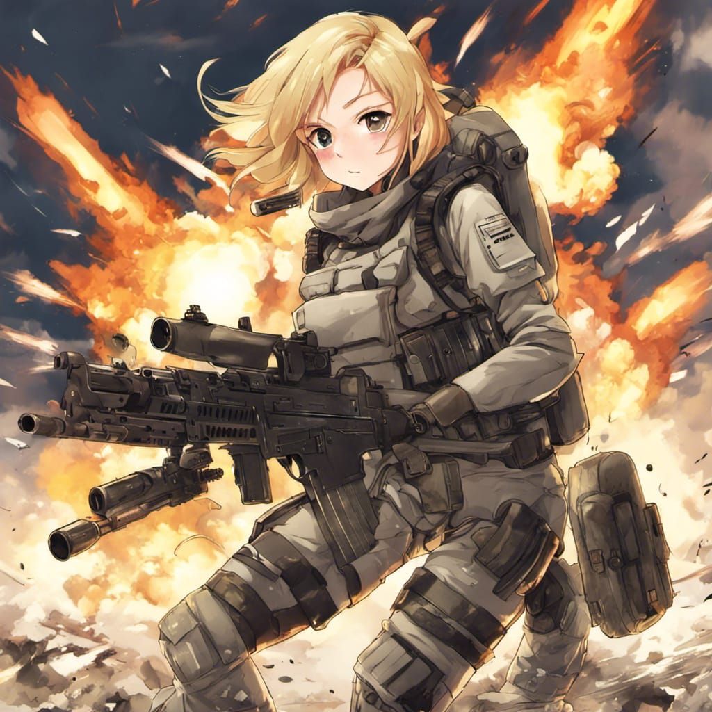 Blonde Warrior in Anime Style Amidst Explosions
