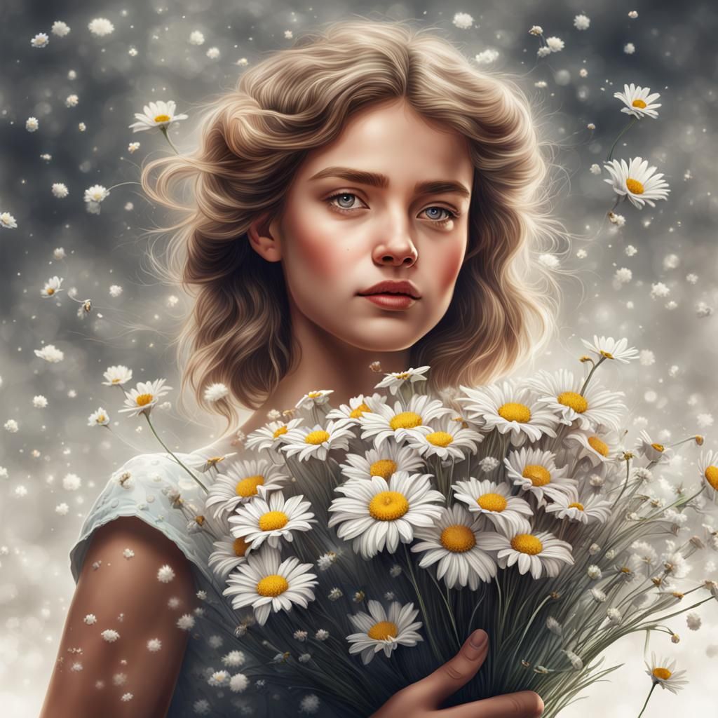 Elegant Girl with Daisies: Hyperrealistic Digital Drawing