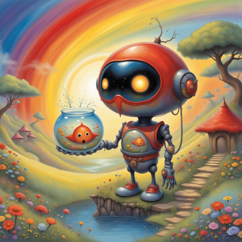 Cute Robot Holding a Fishbowl