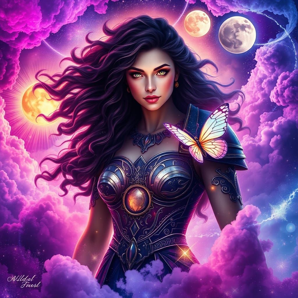 Goddess Energizes Cosmos with Celestial Armor and Light