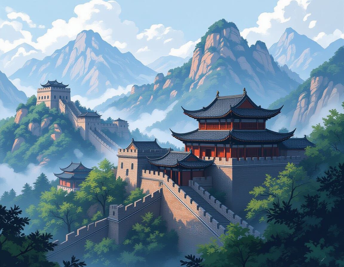 Majestic Chinese Architecture in Misty Mountains