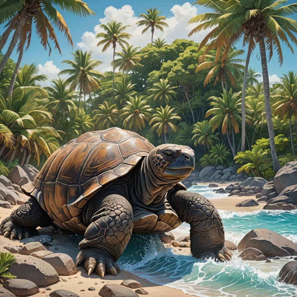 Giant Galapagos Tortoise on a Sunny Beach