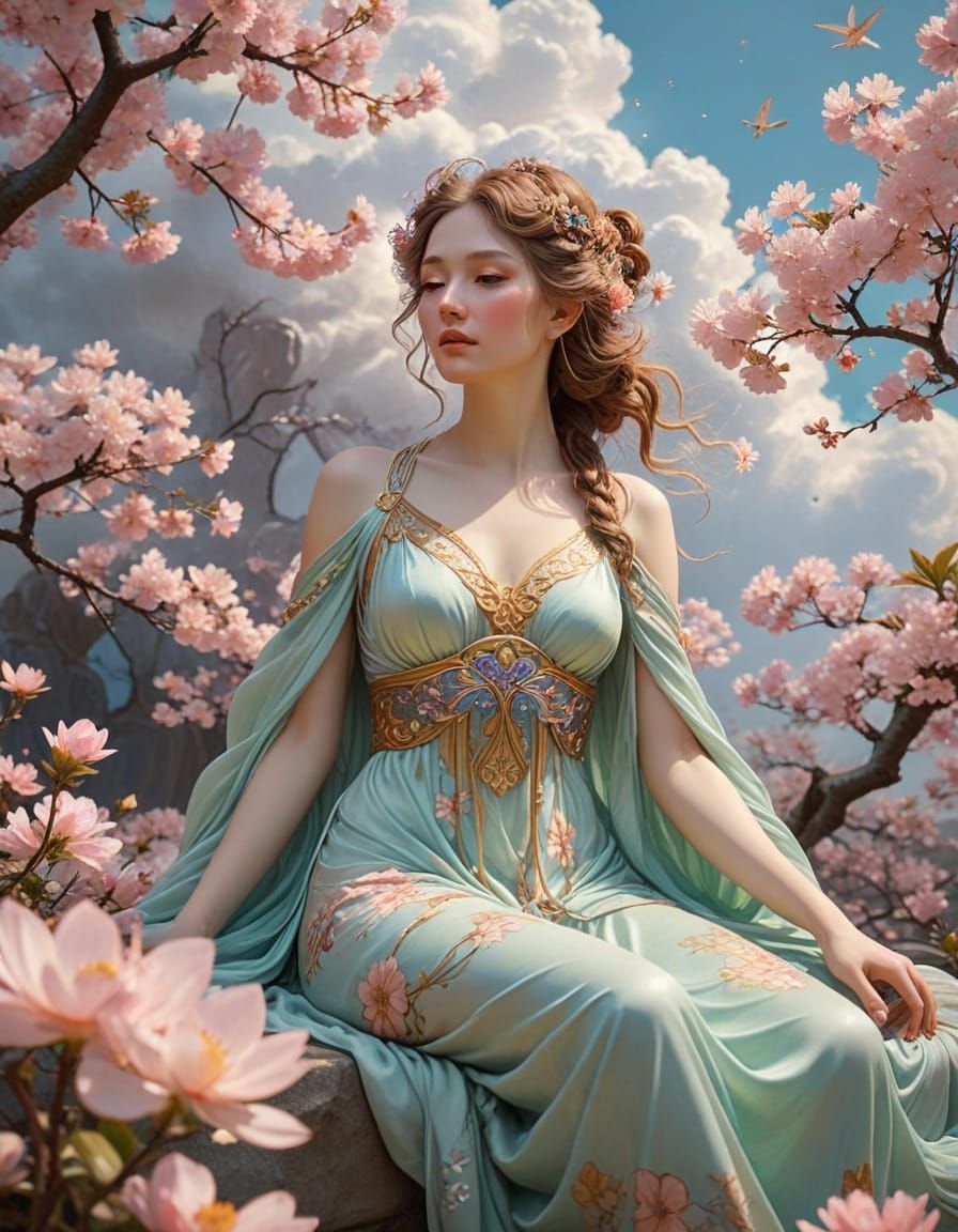 Art Nouveau Goddess on Lotus with Cherry Blossoms