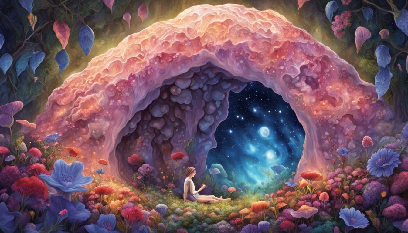 Dreamer in Crystalline Geode - Surreal Illustration