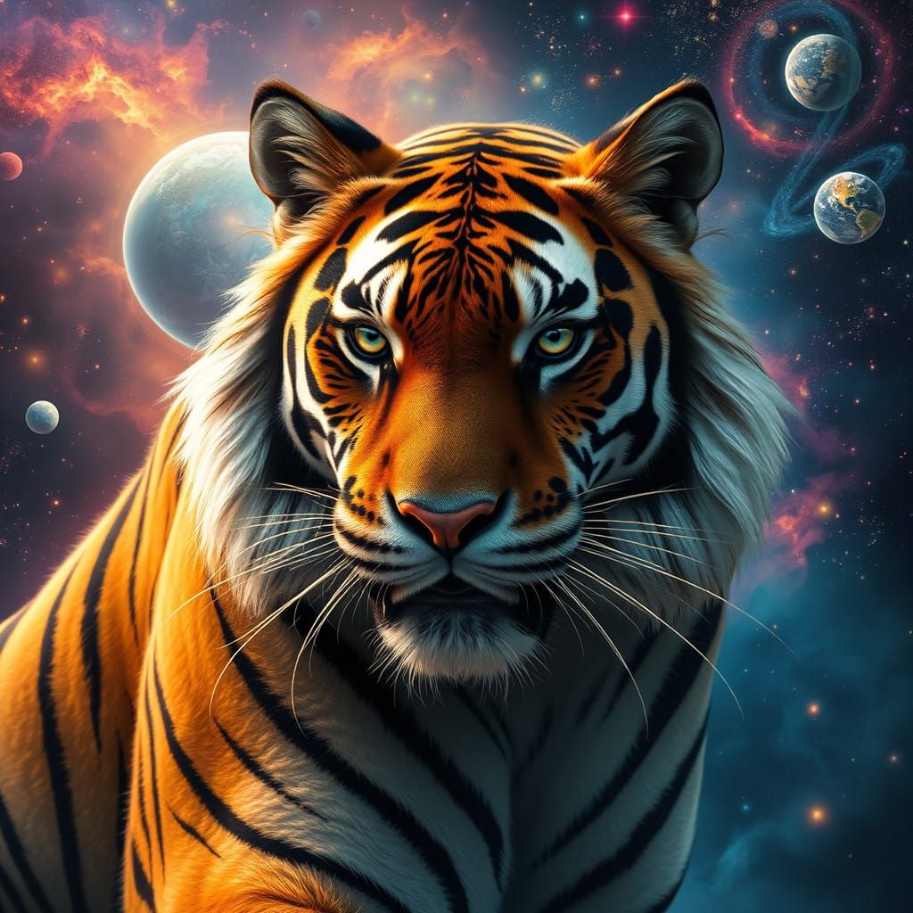 Surreal Tiger in Cosmic Landscape, Radiating Ancient Wisdom....