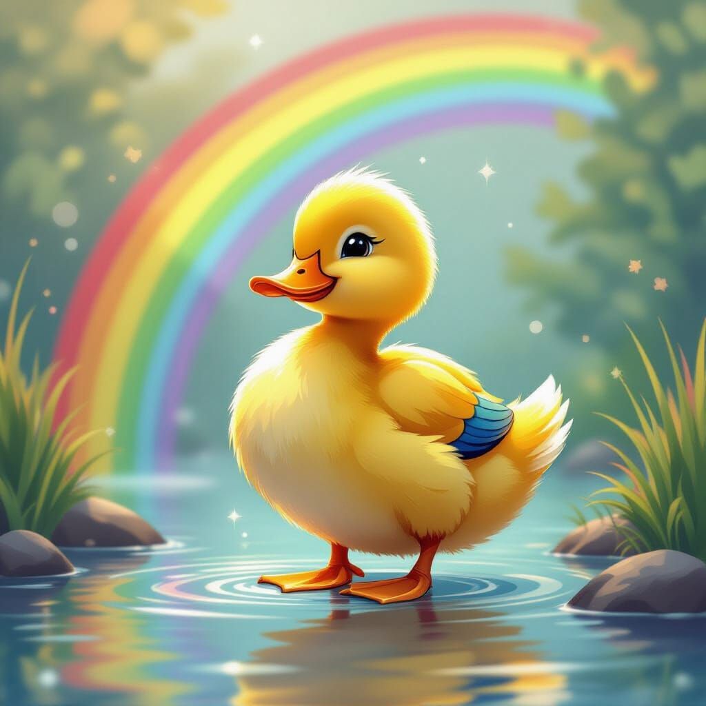 Cute Duck on Vibrant Rainbow in Abstract Art Style