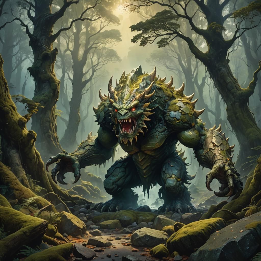 Stone Creature Rampage Through Mystical Forest: Oil Painting
