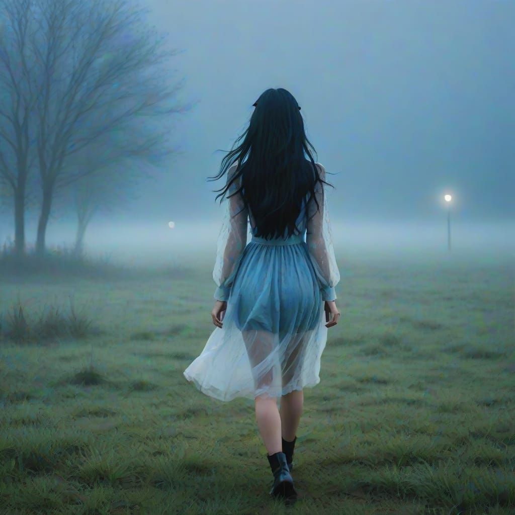 Girl Walking in Misty Night with Blue Grass