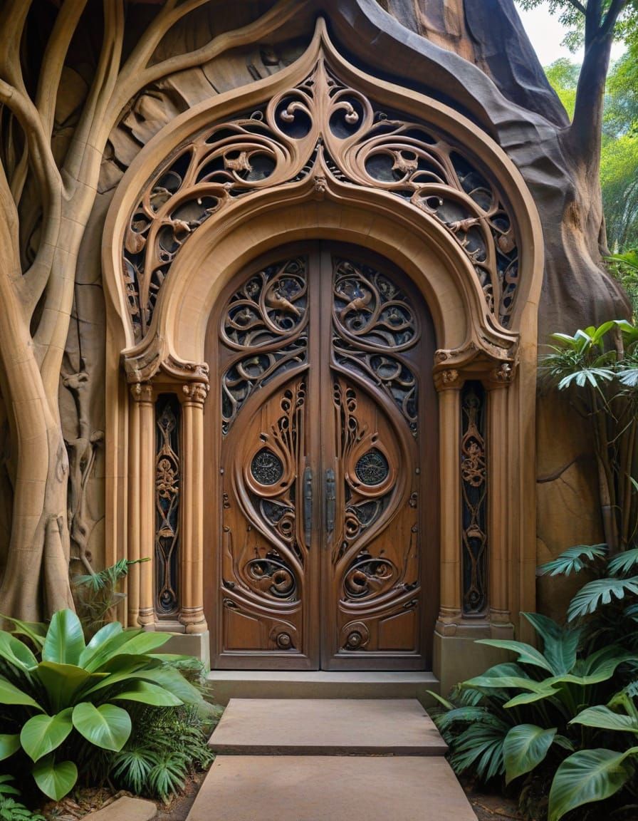 A wooden door in front of a karstic rock in Ao Phang Nga