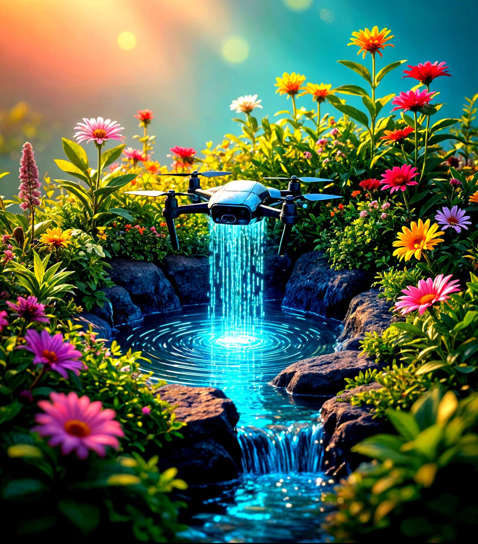 Drone Tends Miniature Garden with Binary Code Water Feature