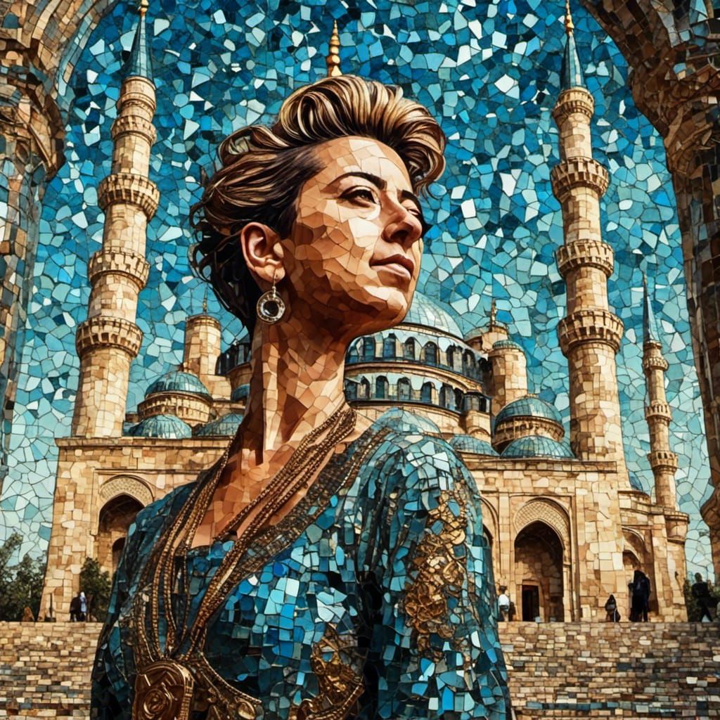 Mosaic art portrait of a woman <lora:Selin:1.0> walking by t...