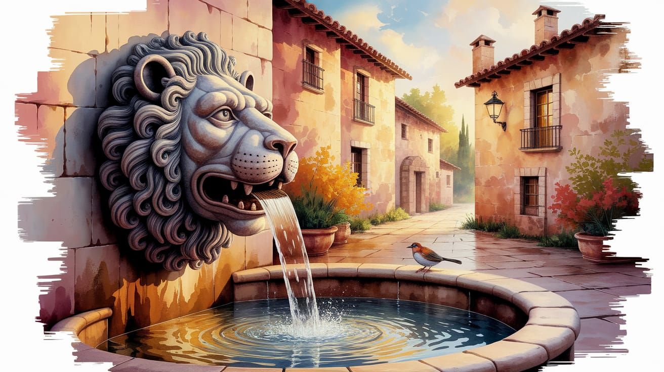 Spanish Fountain with Lion's Head in Watercolor Oil