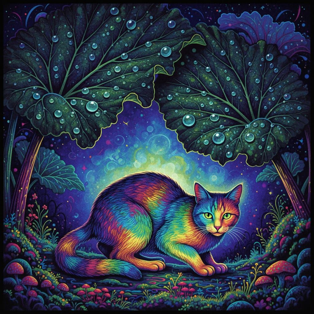 Rainbow Cat Under Rhubarb Leaves in Blacklight Style